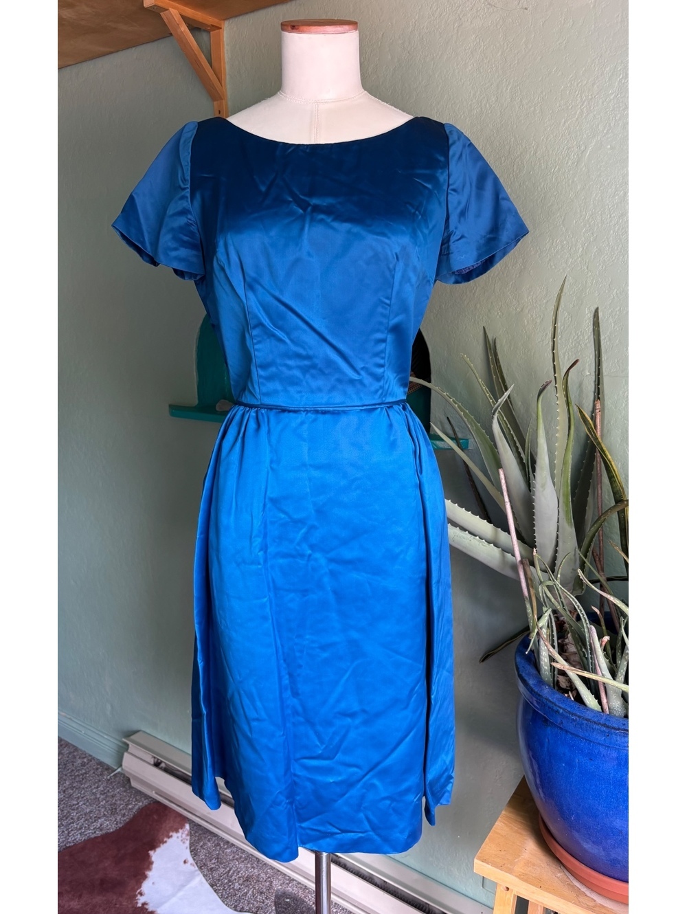 Vintage 1950s Royal Blue Satin Cocktail Dress / Bateau Neck Dress